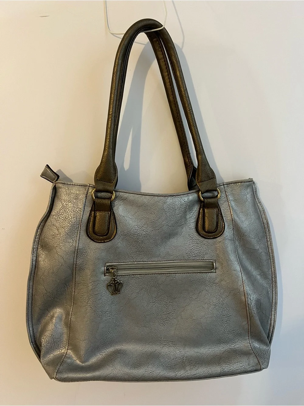 Limelight Metallic Silver Tote Bag, Brown Trim, Braided Detail & Floral Lining - Picture 7 of 16